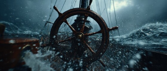 Ships wheel navigating a stormy sea