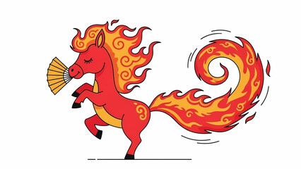Cute fire horse dancing with a traditional fan flame tail swirling gracefully playful pose cartoon- proportions
