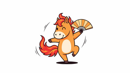 Cute fire horse dancing with a traditional fan, flame tail swirling gracefully, playful pose