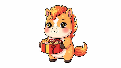 Chibi fire horse holding a Traditional Snack Box 