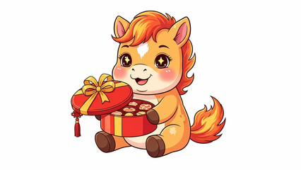 Chibi fire horse holding a Traditional Snack Box 