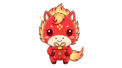 Chibi fire horse holding gift box flame mane glowing softly