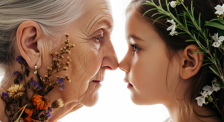 Close-up of a grandmother and granddaughter touching noses, adorned with flowers, symbolizing a loving intergenerational connection on a bright white background.