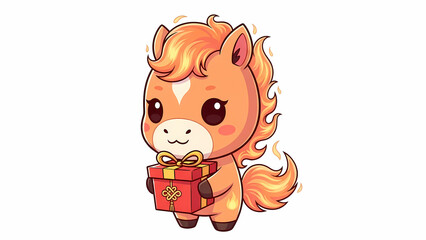 Chibi fire horse holding gift box, flame mane glowing softly
