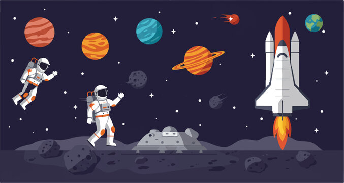 Astronauts exploring a new planet with a spaceship launching in the background, surrounded by planets and stars.