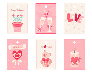 Valentine's Day. Leaflets, tags with romantic elements. Vector illustration for a greeting card, poster, or holiday decoration.