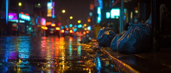 Obraz premium Night city street scene after rain with reflections
