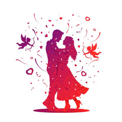 Obraz premium Silhouette of a romantic couple dancing surrounded by hearts and cherubs on Valentine's Day.
