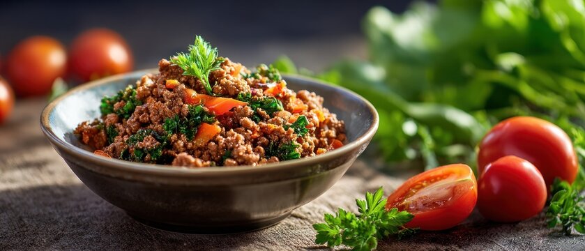 Close up of a bowl with minced meat and vegetables with tomatoes