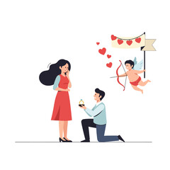 A man proposing to a woman with a valentine-themed banner and cupid in the background, conveying love on a white background.