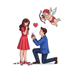 Cartoon illustration of a man proposing to a woman with a cherub flying above them, symbolizing love and valentine's day on a white background.