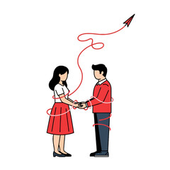 Illustration of a couple holding hands with a red arrow and swirling line on Valentine's Day.