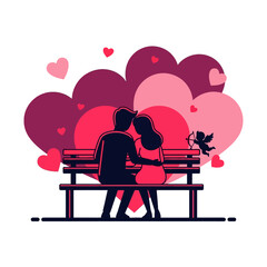 Silhouette of a romantic couple sitting on a bench with hearts and balloons in the background, conveying love and valentine's day theme.
