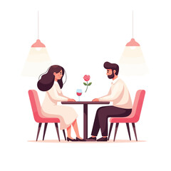 A romantic couple on a date sitting at a table with a rose and wine glasses in a cozy restaurant setting.