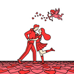 A cartoon couple sharing a romantic kiss on Valentine's Day with a cherub flying above them, surrounded by hearts on a white background.