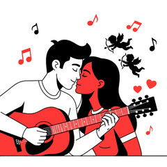 Illustration of a romantic couple sharing a tender moment with a guitar surrounded by music notes and valentine's symbols.