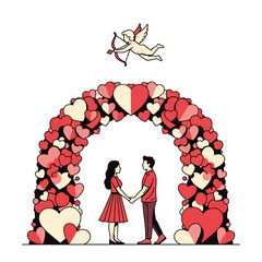 Illustration of a romantic couple holding hands under a heart-shaped arch on Valentine's Day with a cupid flying above.