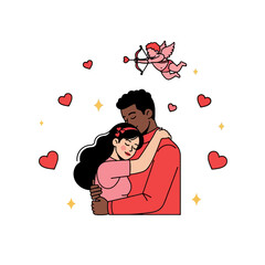 A tender illustration of a diverse couple embracing with a cupid and hearts floating around them on a white background.
