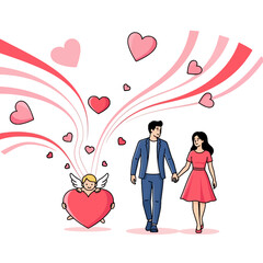 Illustration of a cheerful cherub shooting hearts from a large heart towards a loving couple holding hands in a pink and red color scheme
