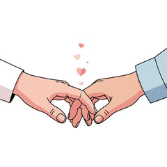Illustration of a couple's hands touching with floating hearts, symbolizing love and affection on Valentine's Day.