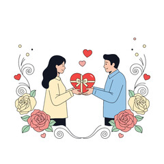 A cartoon illustration of a couple exchanging a heart-shaped gift surrounded by roses and hearts on Valentine's Day.