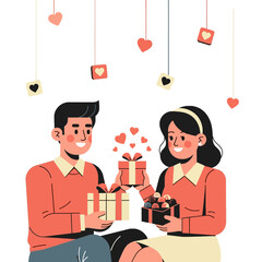 A cheerful young couple exchanging gifts on Valentine's Day with hearts and flowers around them in a romantic setting.