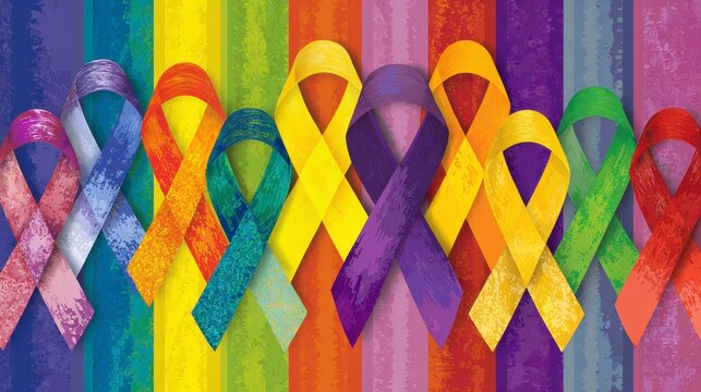 A vibrant image depicts multiple colorful ribbons, each representing a different cause, set against a rainbow-striped background