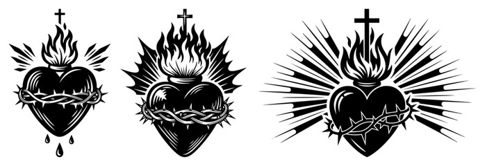 Sacred heart of jesus with crown of thorns and burning flames vector illustrations