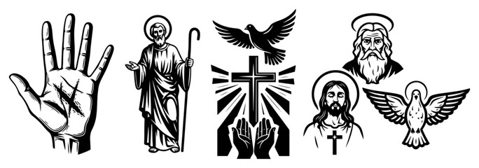 Christian religious symbols set featuring Jesus and holy spirit in vintage woodcut style