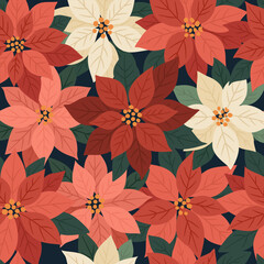 Bezszwowy świąteczny wzór z gwiazdą betlejemską – poinsecja w odcieniach czerwieni i kremu © Monika