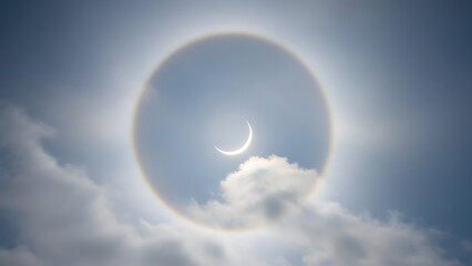 Solar halo phenomenon with a crescent sun visible through clouds