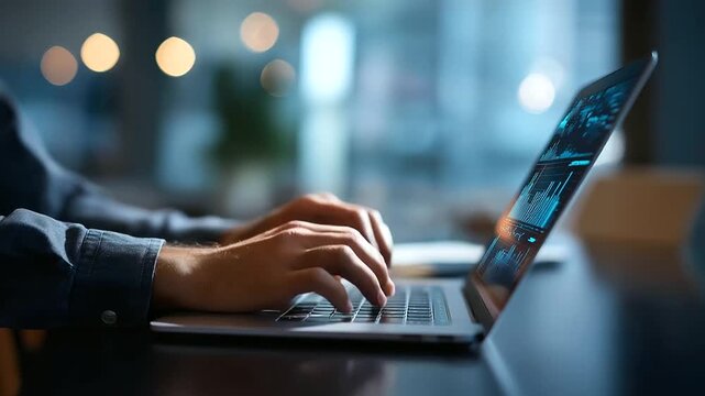 Analytics professional in office workspace faceless young worker soft startup setting online project scene laptop graph display data visualization work with copy space
