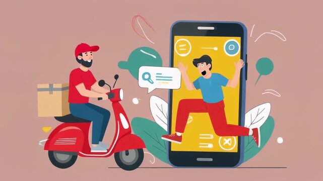 Courier delivering package with smartphone app communication