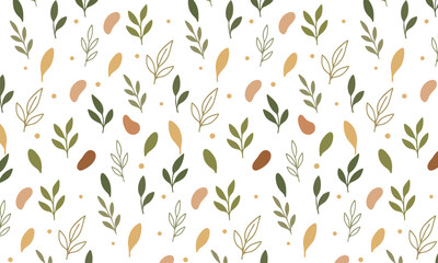Seamless vector botanical pattern with minimalist leaves and scattered organic elements. Modern flat design in neutral earthy tones with clean outlines and simple plant shapes.
