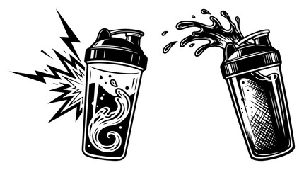 Fototapeta premium Dynamic protein shaker bottles with splashing liquid and energy lightning bolts