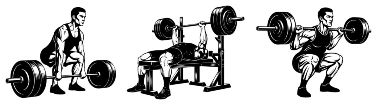 Strong men performing heavy weightlifting exercises including deadlift bench press and squat