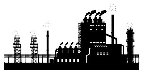 Obraz premium Panoramic silhouette of industrial factory plant with smoking chimneys