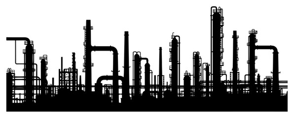 Complex silhouette of oil refinery pipes and chemical plant towers