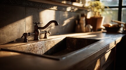 Rustic kitchen sink and faucet with natural sunlight