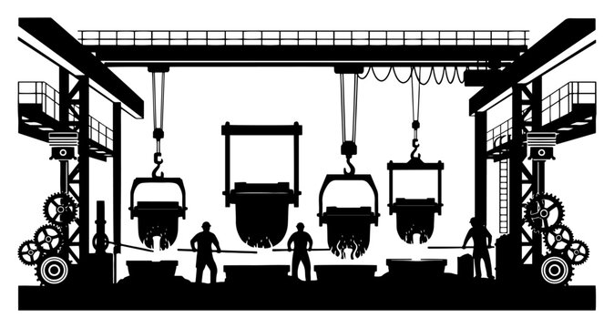 Interior view of steel mill foundry with workers and molten metal