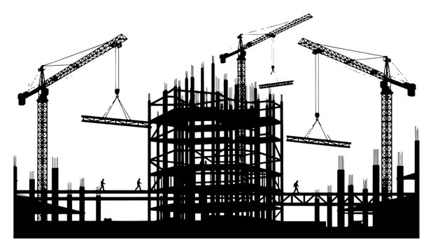 Construction site silhouette with tower cranes and building framework