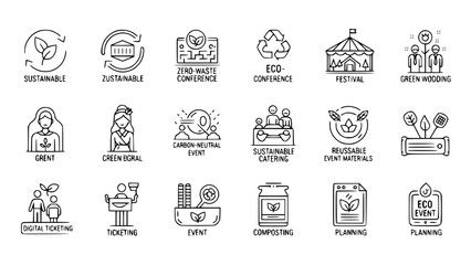 Eco icons represent sustainability practices at events or eco awareness promoted in environmental initiatives or ecology symbols visualize conservation efforts during ecological gatherings