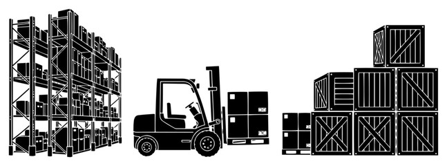 Warehouse logistics scene with forklift and stacked wooden crates © Camel
