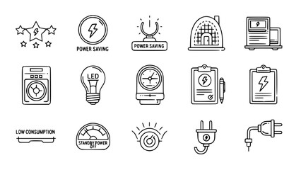 Energy efficiency icons depicting power conservation show savings in a minimalist style or electricity symbols illustrating conservation measure energy consumption awareness.