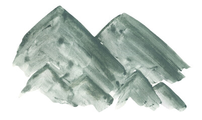 Watercolor gray green mist ink hand painting mountains illustration. Watercolour textured layered forest hill landscape isolated on white background, outdoor travel concept, paint peak boarder