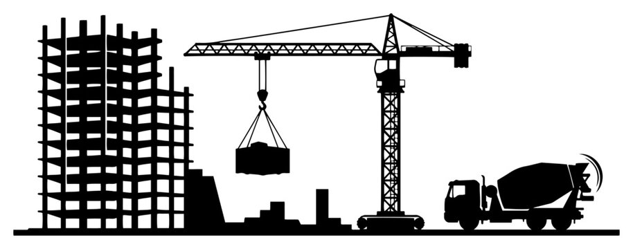 Building construction site with tower crane and concrete mixer truck silhouette