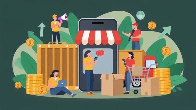 E-commerce concept with people shopping online and digital devices