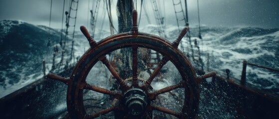 Wooden ships wheel in stormy ocean