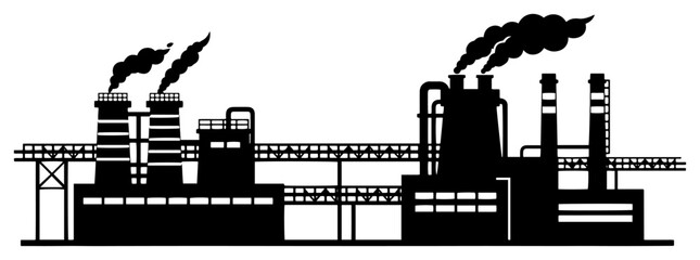 Obraz premium Manufacturing factory building silhouette with smokestacks and industrial pollution