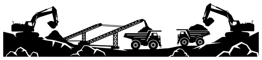 Naklejka premium Heavy mining machinery with excavators and dump trucks in open pit